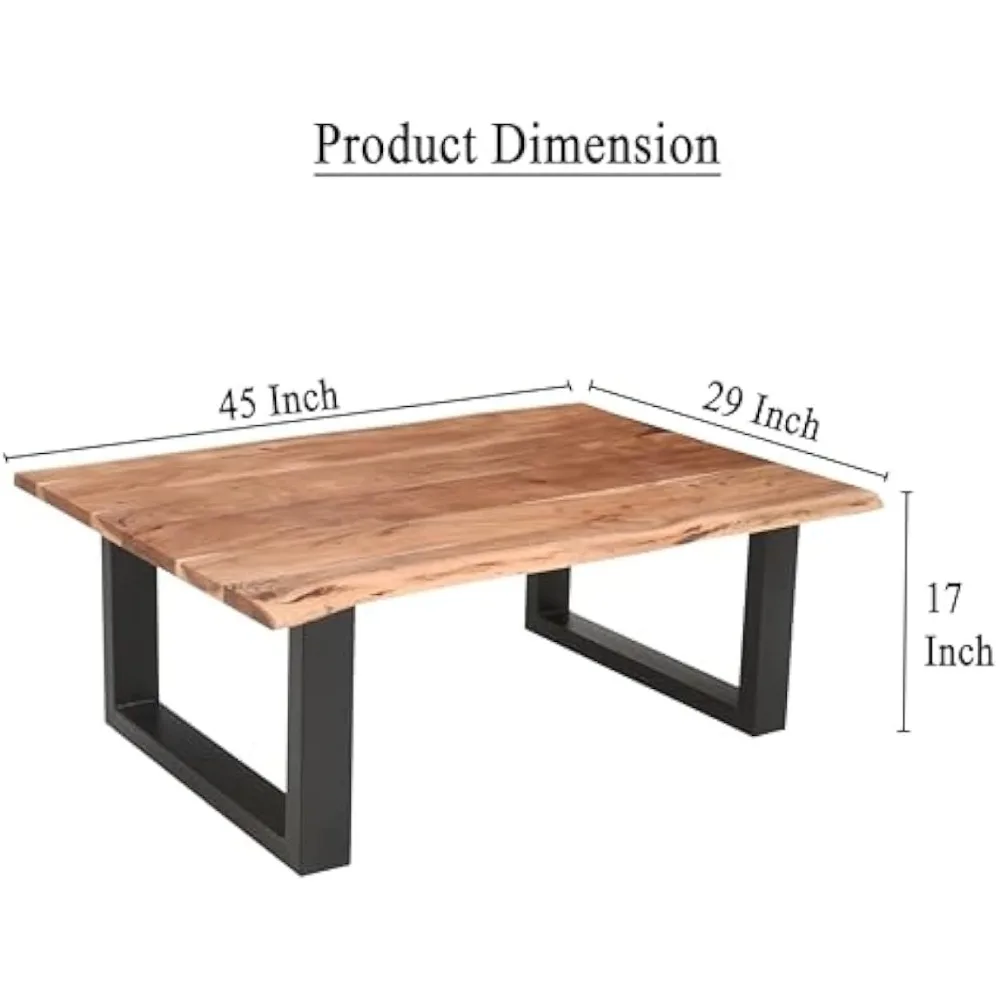 طاولة القهوة المستطيلة من Urban Port Farmhouse مع تفاصيل حافة حية وقاعدة زلاجات معدنية، باللونين البني والأسود #3