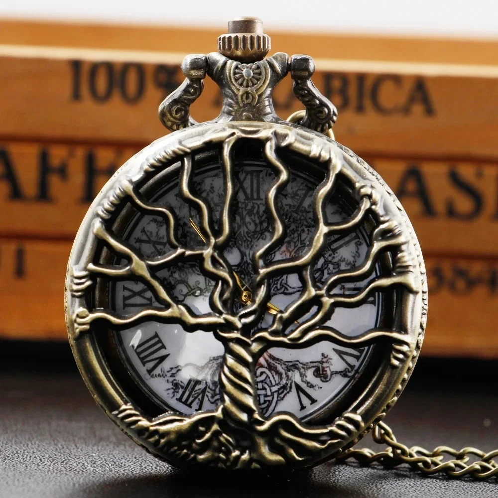 Tree Hollow Carved Ink Sketch Painting Dial Vintage Quartz Pocket Watch Necklace Pendant Gifts For Women Or Man