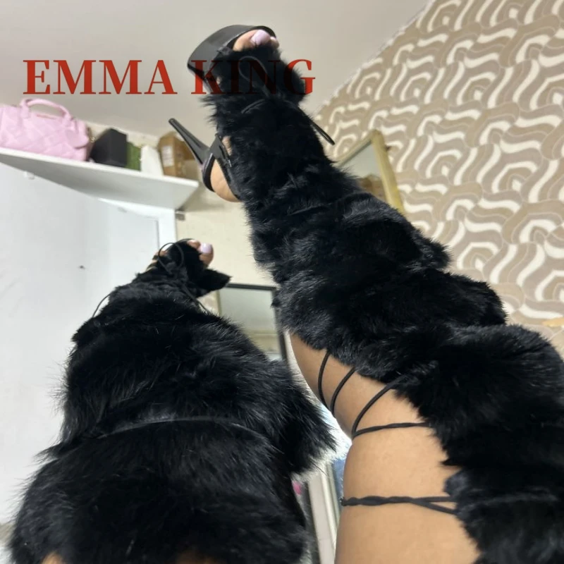 

Faux Fur Wrap Cross Tied Platform Sandals Women's Sexy Open Toe Furry Gladiator Sandals Ladies Luxury Design Dress Party Shoes