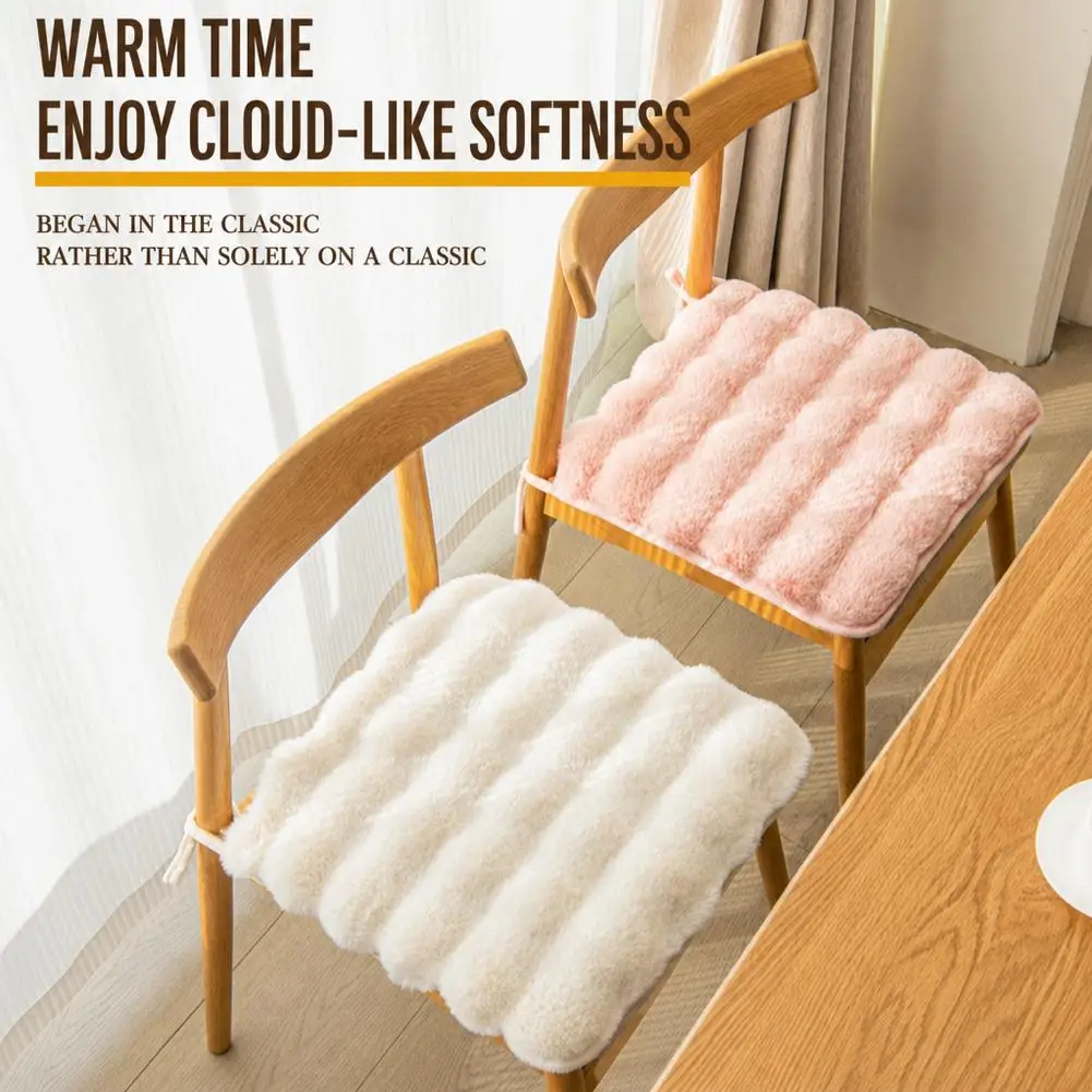 Rabbit Fur Seat Cushion Faux Winter Warm Thickened Soft Chair Pad Non Slip Ties Office Dining Student Desk Butt Pillow 40x40cm