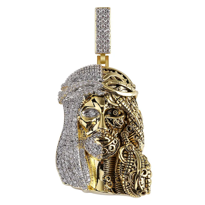 Hip Hop Half Mechanical Face Half AAA CZ Zircon Paved Bling Iced Out Jesus Piece Pendants Necklace for Men Rapper Jewelry