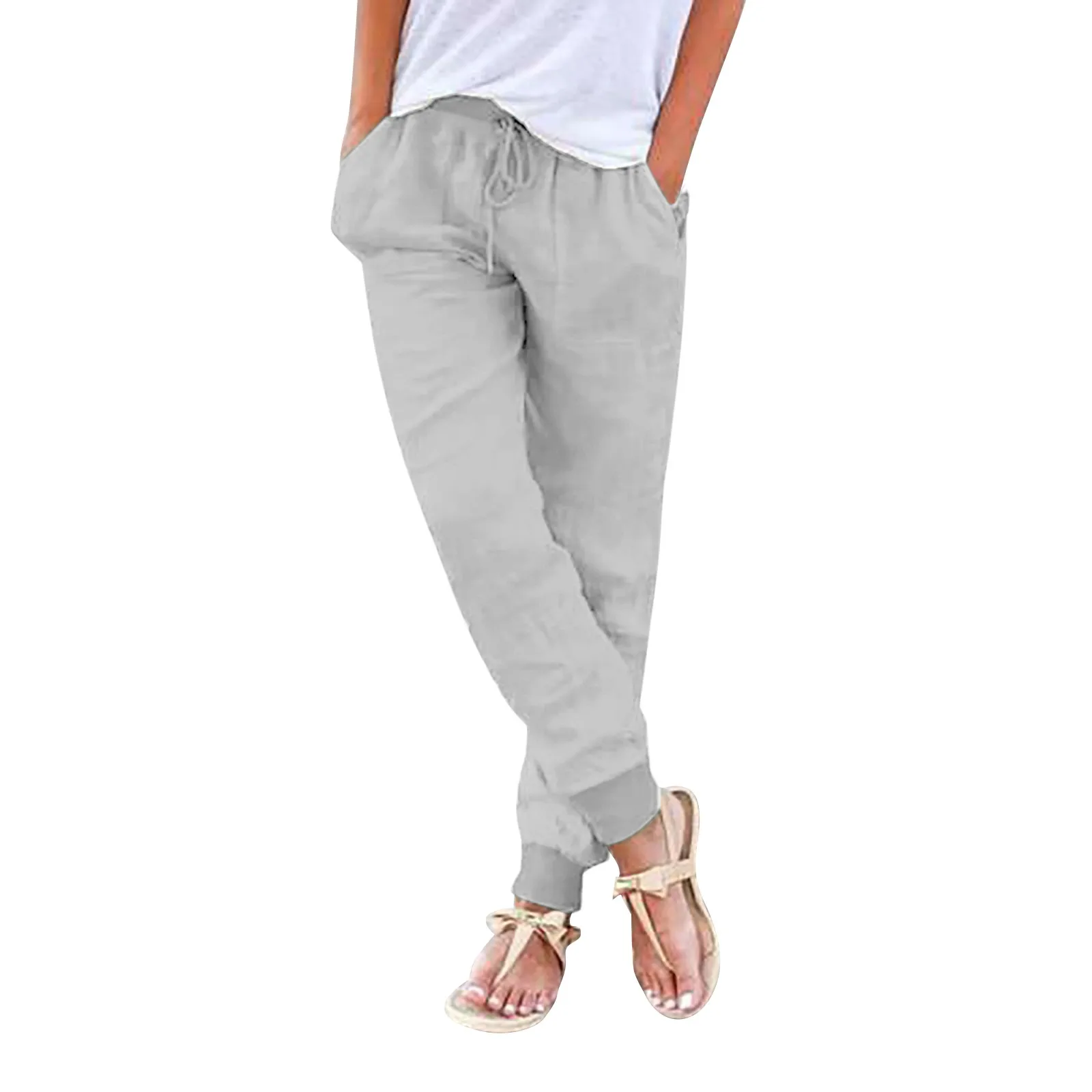 Pantaloni Harem morbidi larghi Casual da donna pantaloni elastici in vita con coulisse in lino finto cotone pantaloni alla caviglia con tasca sottile e traspirante