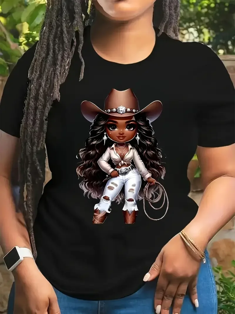 

Plus - Size Western Cowgirl Graphic Tee, Black Short - Sleeve with Cartoon Cowgirl Print