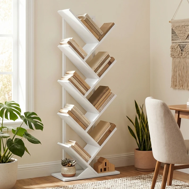 Étagère à livres en forme d'arbre à 9 niveaux, bibliothèque industrielle autoportante avec structure en acier, unité de rangement compacte pour CD, DVD, blanc, 50x24x136 cm