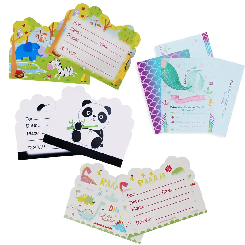 Invitation Thank You Card Cartoon Animals Mermaid Panda Themed Invitation Cards Kids Birthday Party Decor Baby Shower Supplies