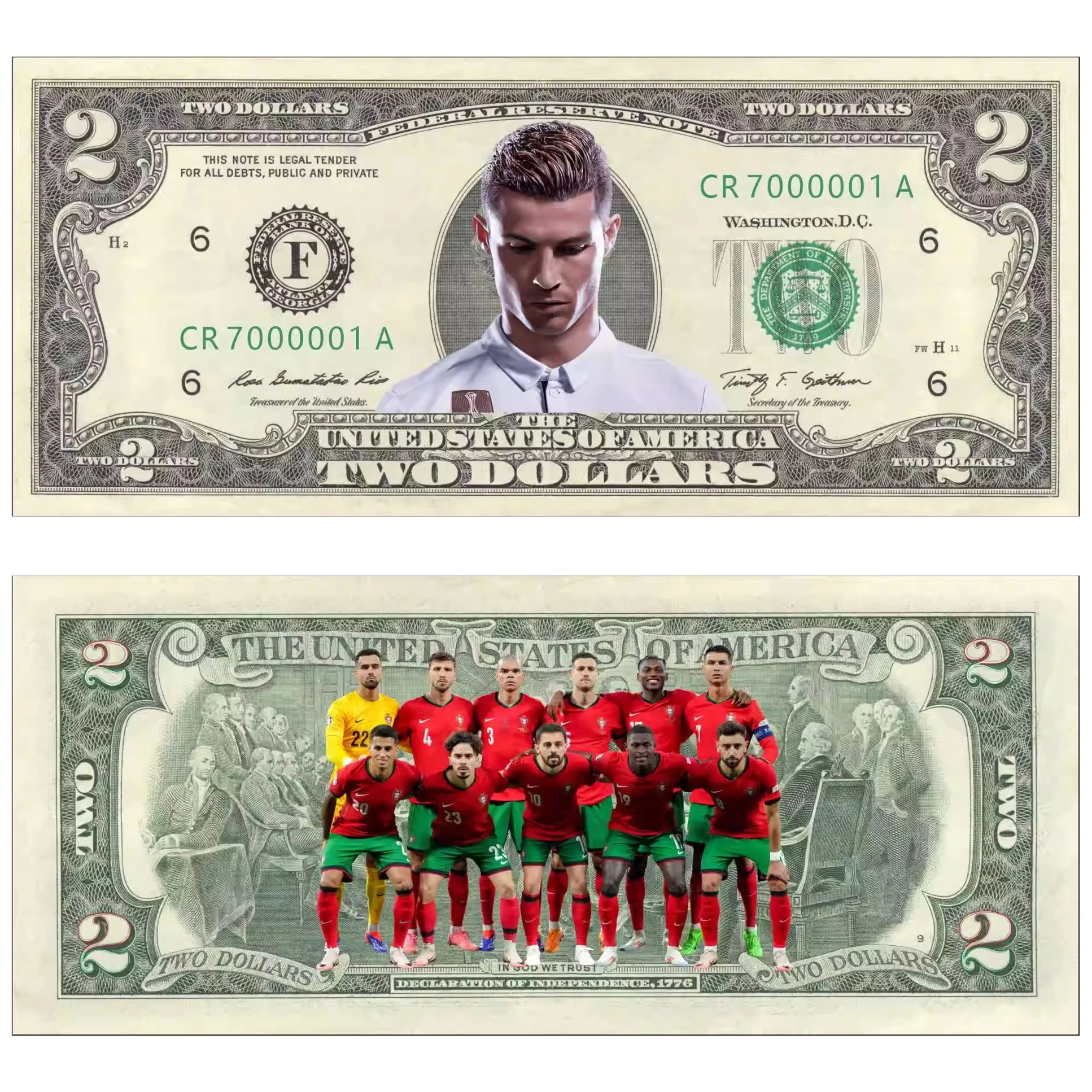 Copy Eurocopa 2024 Cristiano Ronaldo 2 Dollars Paper Money Portugal Team Banknote Collectibles Non-Circulating