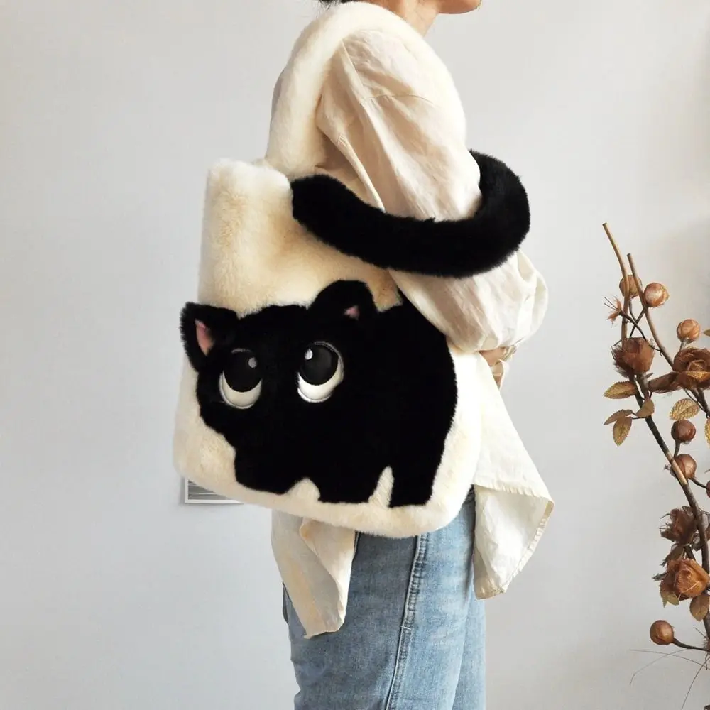 

Creative Kitten Cartoon Cat Shoulder Bag Large Capacity Handbag Plush Bag Kawaii Cute Furry Tote Bag Girls