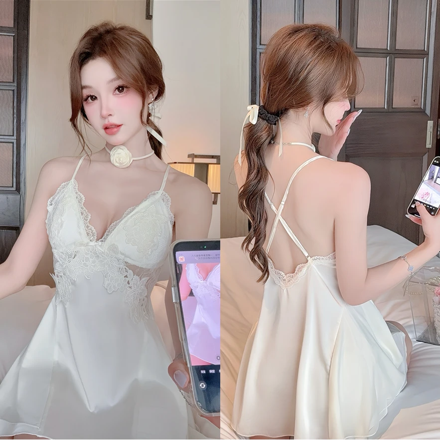 

DAIMELU live stream popular ice silk satin sexy pajamas women's summer lace water-soluble lace French premium nightdress
