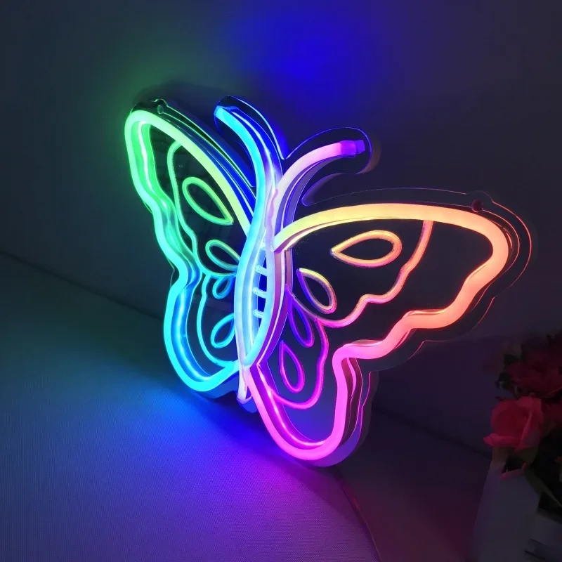 Flash LED Lights Neon Sign Colorful Butterfly Shape Mirror Neon Signs Christmas Decoration Shine Light Room Wall Decor USB Lamp