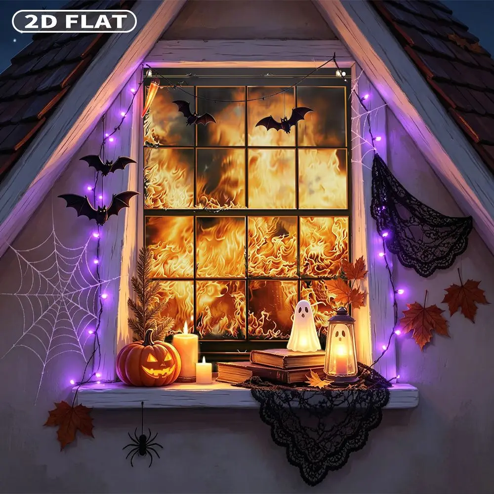 2D FLAT 1pc Party Window Cover Banner, with Flames Burning Brightly Across Panels Print, No Power Need Home Decor
