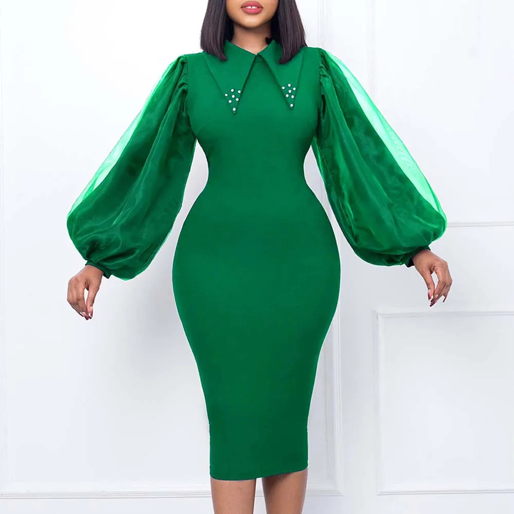 

Elegant Office Dress fro Women Professional Full Sleeve Turn Down Collar Beaded Sheath Package Hips Mid Calf Formal Work Dress