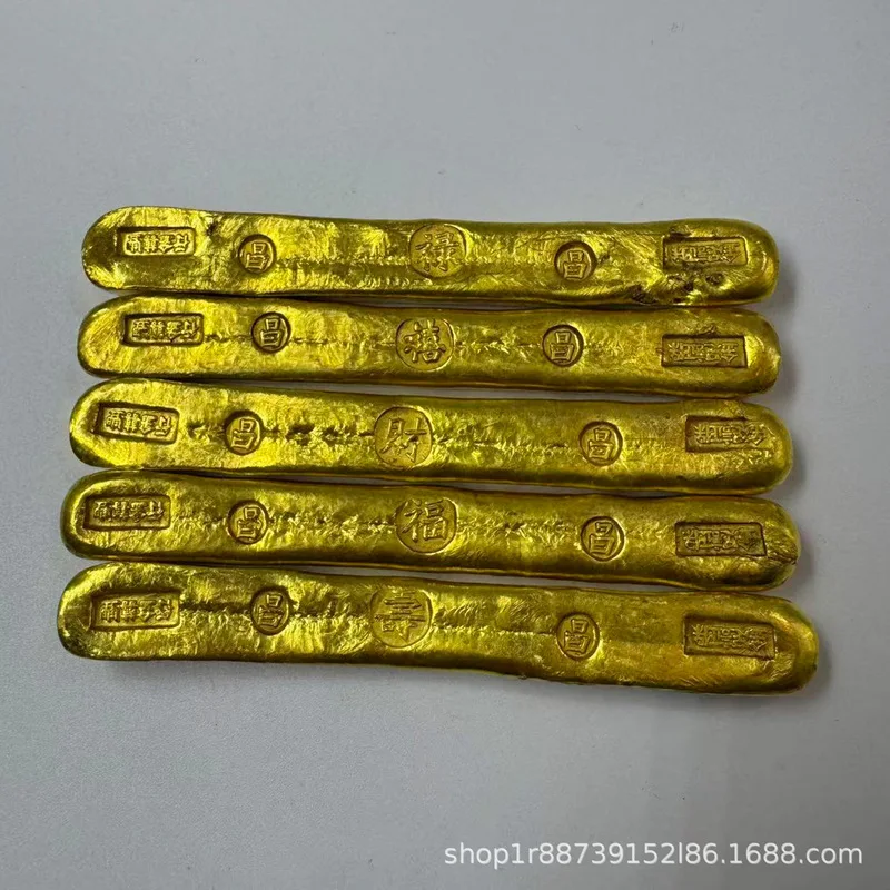 A set of five solid brass gilded gold bars from the Qing Dynasty, symbolizing fortune, prosperity, longevity, happiness, and wea