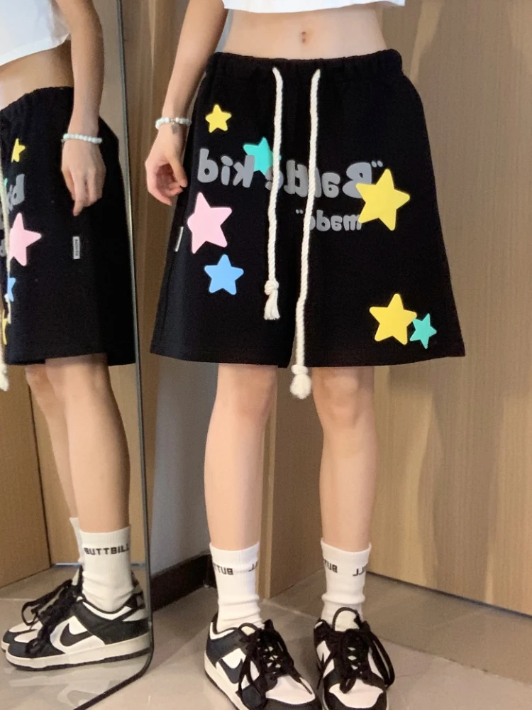 Knee Length Women Printed Letter Star Loose Hip Hop Fashion Leisure All-match European Style Students Streetwear Female Chic