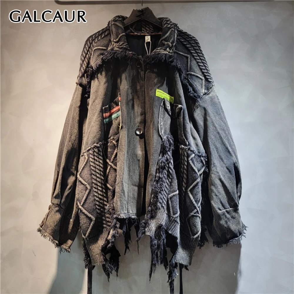 سترة GALCAUR سوداء مقسمة بشراشيب ملابس الشارع الشهير سترات نسائية فضفاضة بأكمام طويلة على طراز القفار سترات نسائية موضة خريف جديدة #1