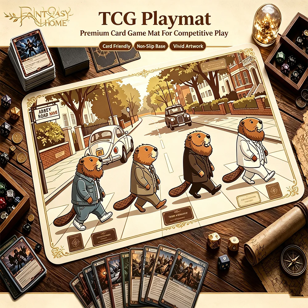 Cute Suit Beaver Crosswalk Retro British Street Playmat Vintage Abbey Road Style Cartoon Animal Anti‑Slip Rubber Table Mat TCG T