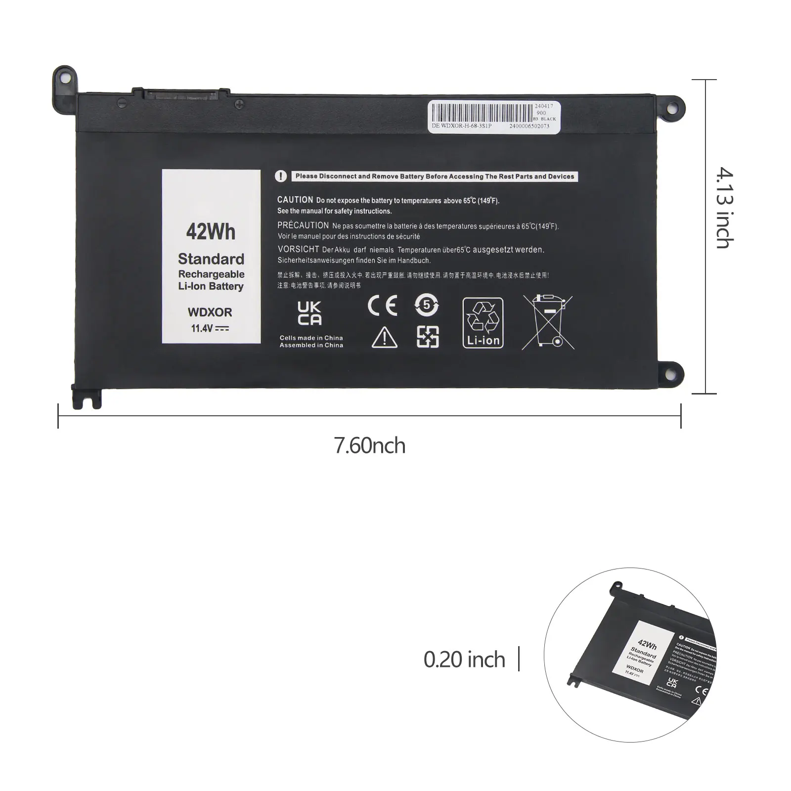 WDX0R Laptop-Akku für DELL WDXOR 11,4V 42Wh Kompatibel mit Dell Inspiron 13 7368 7378 15 5565 5567 5568 5578 – Detail 3
