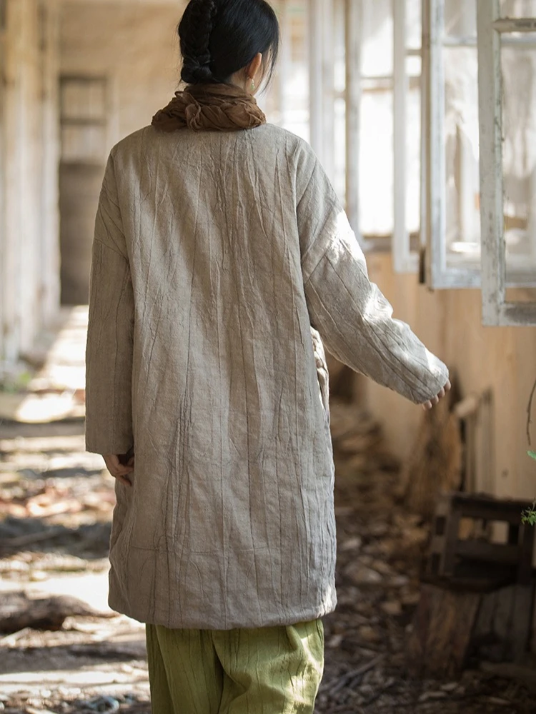 Autumn Winter Cotton Linen Coat Women's Warm Retro Harajuku Button Warm Cotton Padded Jacket Design Long Robe Parka Mujer