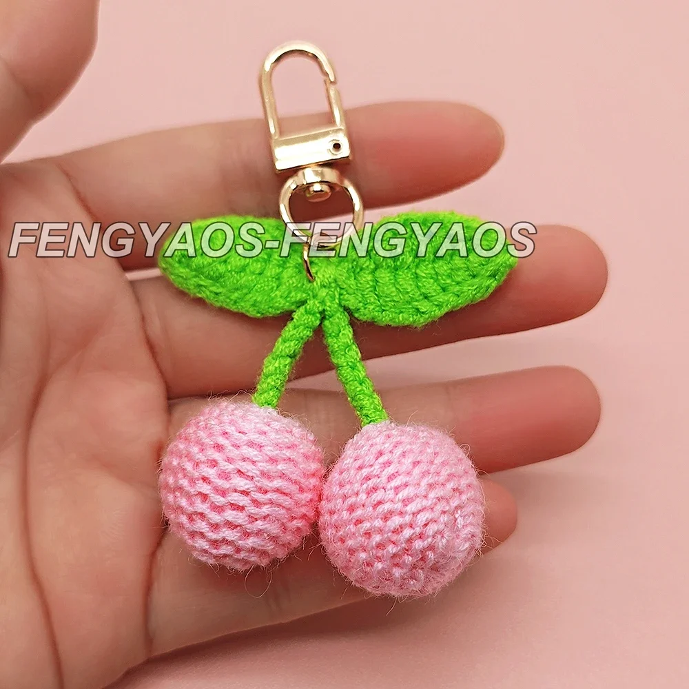 1 Pcs Yarn Cherry Keychains for Women Lovely Handmade Woven Fruit Key Rings New Year Gift for Girls