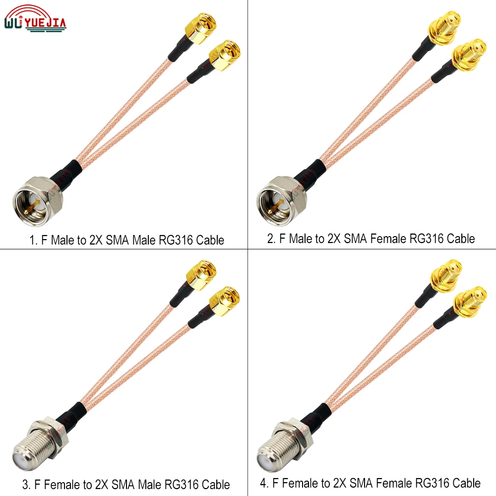 

RG-316 1 to 2 F Type Male Plug/ F Female to Double SMA Male or SMA Jack 50 ohm RF Connector Coaxial Cable Antenna Jumper Pigtail