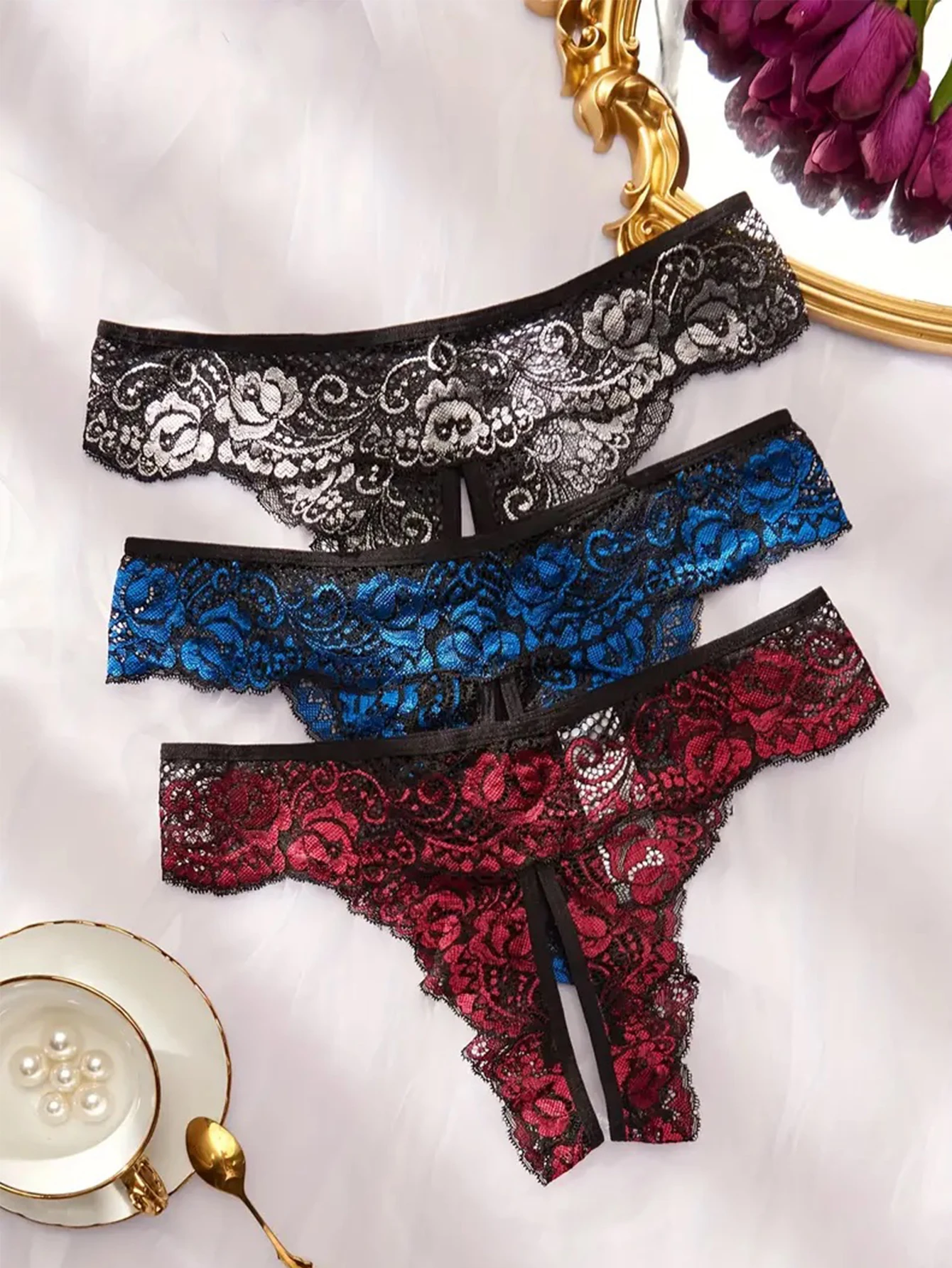 Transparent Lace Romantic Floral Thong Soft & Seductive Open Crotch Women\'s Underwear Sexy G-string Comfortable Female Lingerie