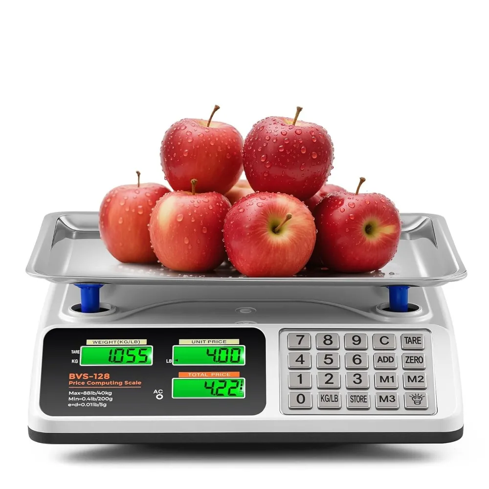 Báscula Comercial para Alimentos de 88 lb con Plataforma de Acero Inoxidable y Pantalla LCD Dual Retroiluminada para Carnes, Productos, Delicatessen y Mercado