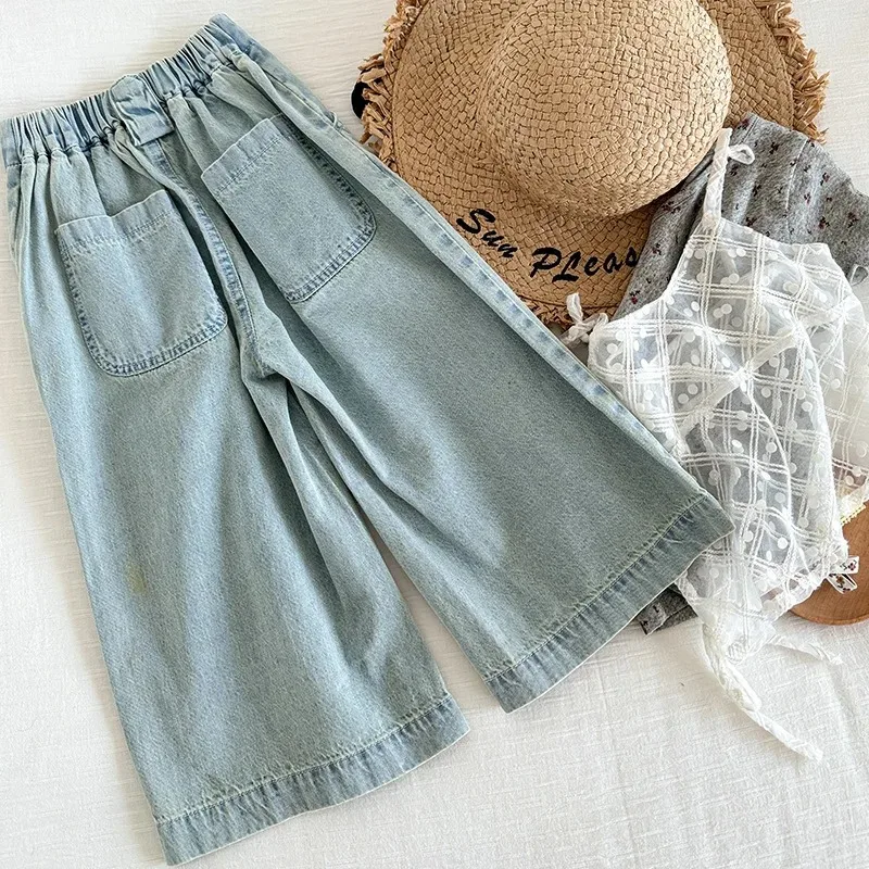 Children Jeans Baby Girl's Denim Pants Loose Straight Buckle Decorative Jeans