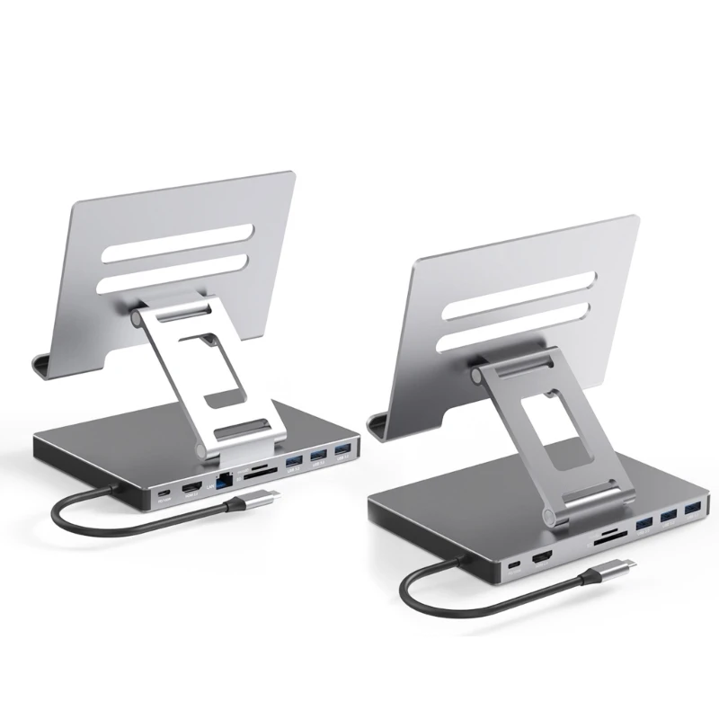 

Aluminum Alloy Type C Docking Station 9 in 1 HUB USB3.0 5Gbps Data Transfer 2xHDMI4K Ethernet PD100W Laptop Stand Holder