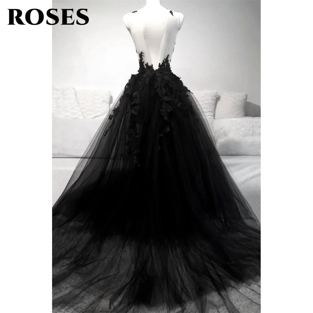 Black V-Neck Tulle Evening Gown Lace Long Prom Dresses Black A-Line Evening Dresses A Line Appliques Formal Dresses Custom Size