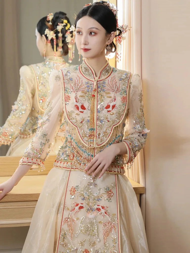 Sparkly Champagne Embroidery Wedding Dress Chinese Style Marriage Suit Sequins Beaded Cheongsam Exquisite Bride Toast Clothing