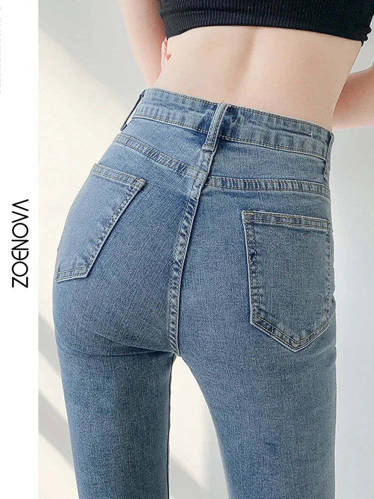 Jeans Women Solid Blue Sexy Slimhigh Waist Jean Simple Ladies  Full Length Mom Cowboy Denim Flared Pants Mujer 2022 Spring New