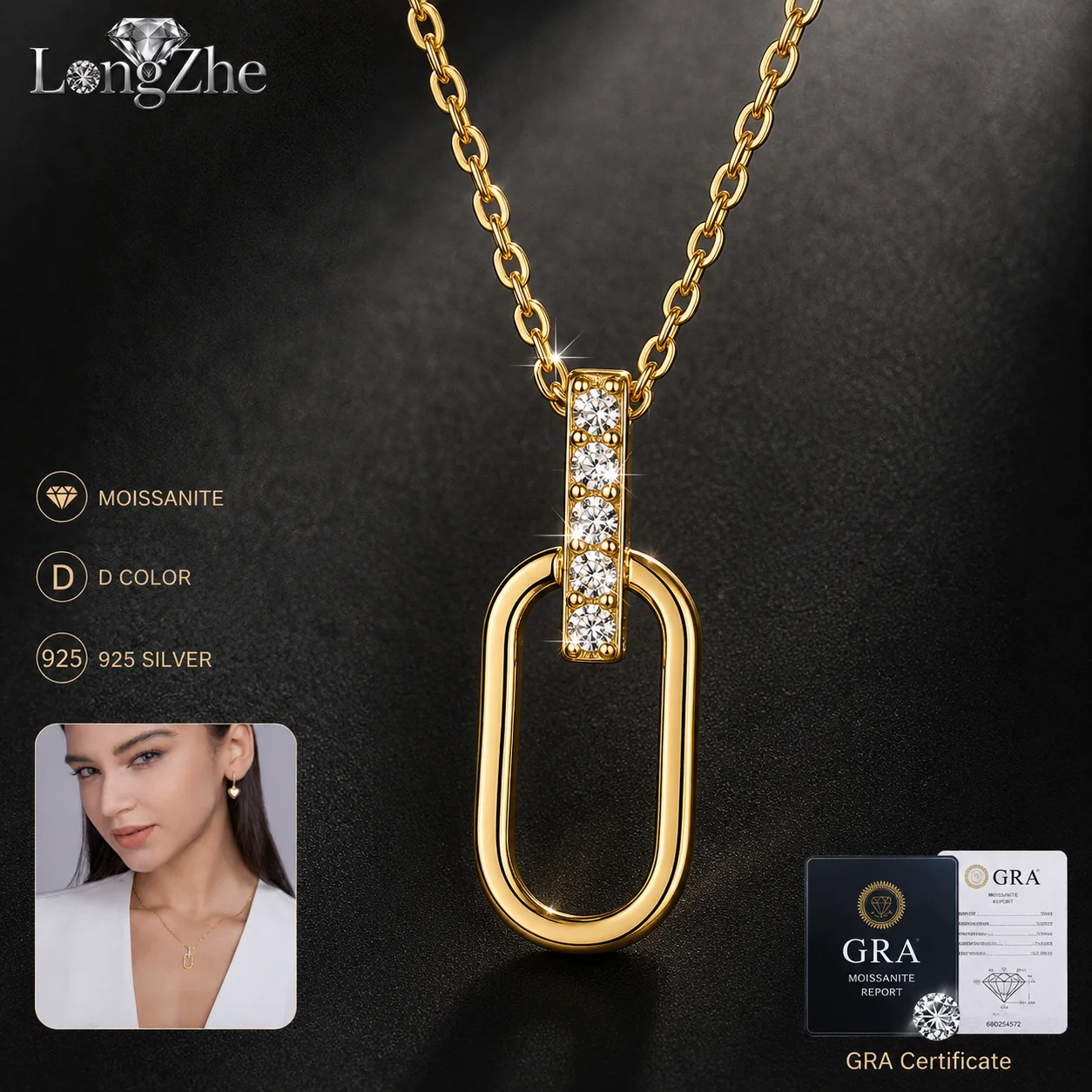 S925 Silver Moissanite Pendant Necklace 2mm Pave 5mm Round Cut Gold Plated for Women Wedding Birthday Daily Wear Jewelry Gift