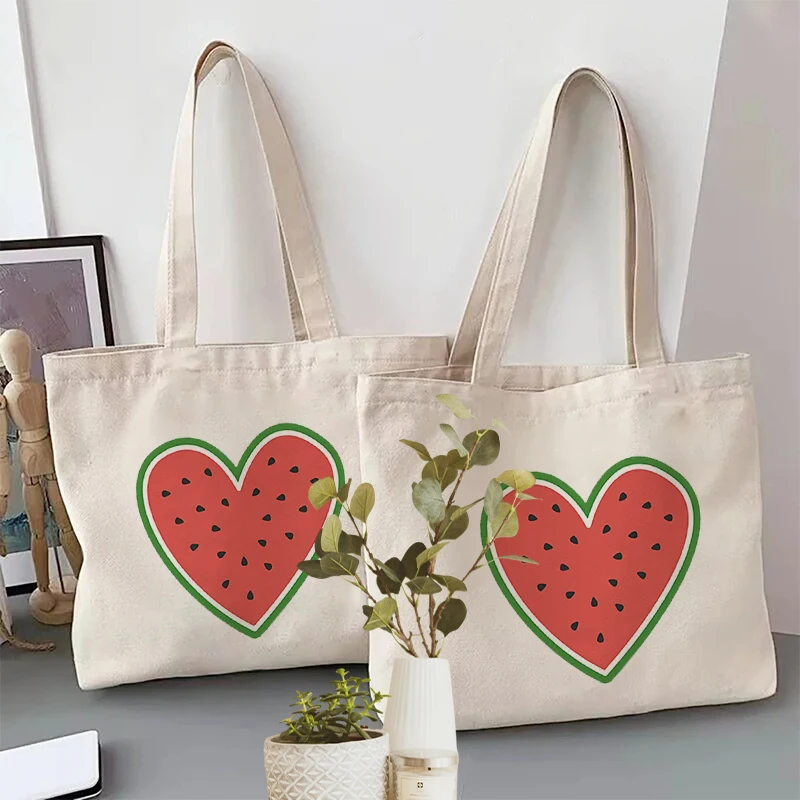 Watermelon Heart Print Canvas Tote Bag, Customizable Reusable Shoulder Bag for Summer Travel & Daily Use