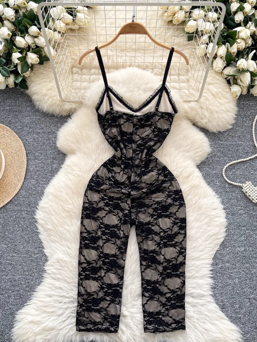 Foamlina-Body Sexy de encaje ajustado para mujer, novedad de verano, mono de media pantalón ajustado con cuello Halter adelgazante de encaje negro para chica