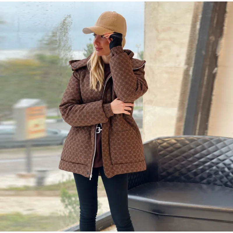 Upgraded Thickened Allover Printed Mid Length Padded Coat Stand Collar Drawstring Waist Windproof 2026 Winter Women Outer Jacket