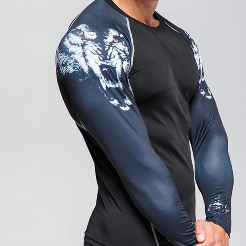 Men Long Thermal Shirt Outdoor Sun Protection T-Shirts rashgarda  second skin Quick Dry Gym T-Shirt Training Sports Top 3D wolf