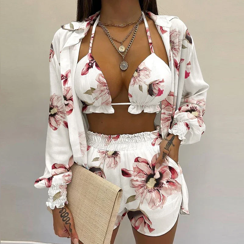 Women's Bikini Three-piece Gradient Printing Long Sleeve Lapel Shirt+bra+shorts Split Swimsuit Set Beach Holiday Party Swimsuit