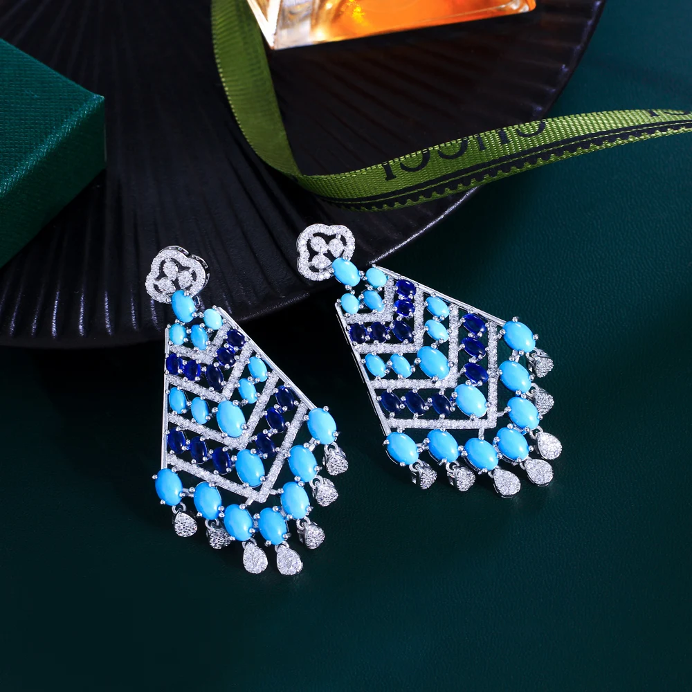 CWWZircons Luxury Chunky Blue Turquoise and White Cubic Zirconia Dangle Tassel Drop Long Party Wedding Earrings for Women CZ782