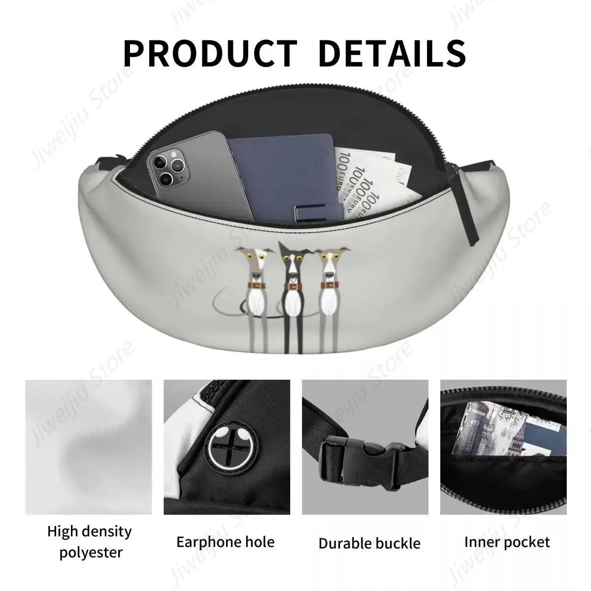 Cool Cute Greyhound Sighthound Dog Fanny Pack for Running Men Women Whippet Puppy Crossbody Waist Bag Phone Money Pouch