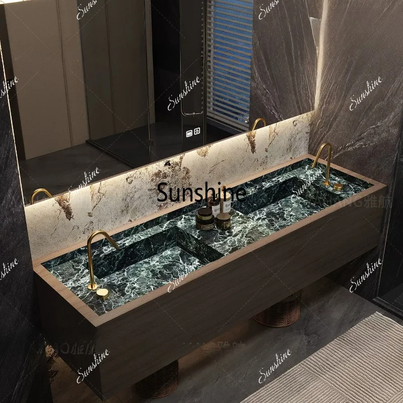Bathroom cabinet rock slab integrated seamless basin bathroom light luxury high-end single and double