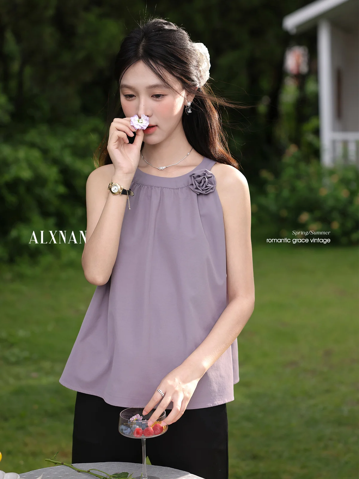 

ALXNAN Women's Purple Tank Tops Elegant Loose-fit 3d Flower Design Sleeveless Shirt 2025 Summer Casual Sweet Female Tops L56125