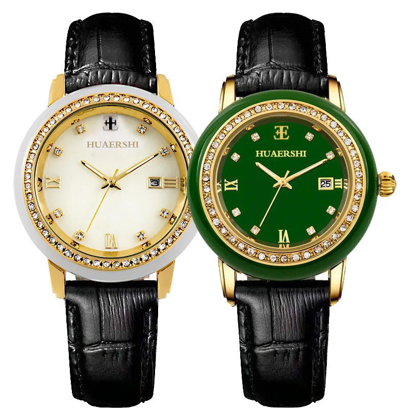 

Natural Jade Watch Diamond Inlay Quartz Wristwatch Couple Clock Lovers Male Female Luxury Green White Gemstone Case Gold Watches