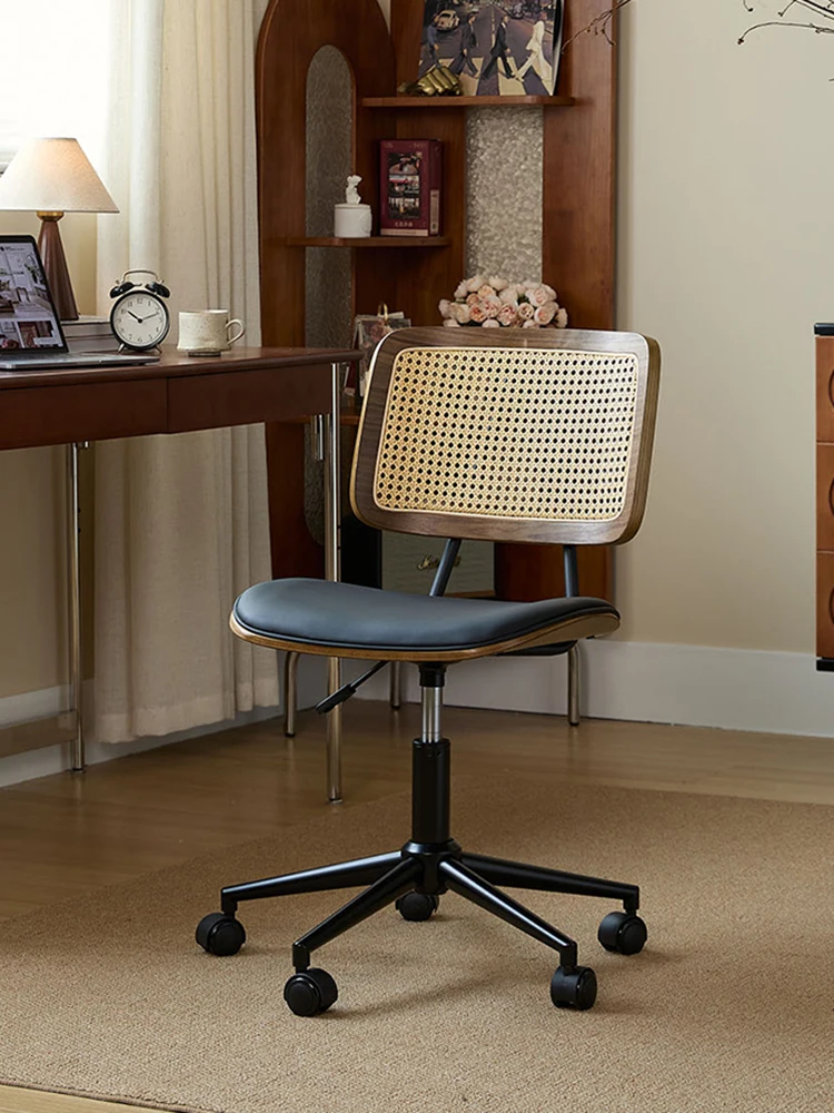 Retro Rattan Woven Computer Chair Furniture Metal Home Solid Wood Study Desk Stool Bedroom Backrest Swivel Office Chairs