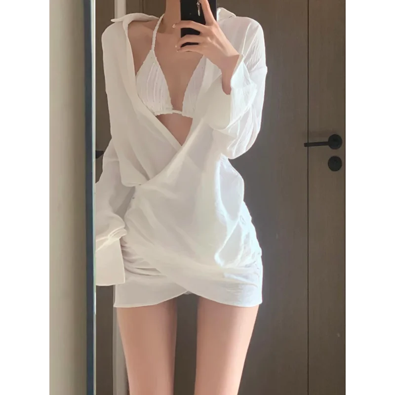

Women 3 Piece Swimsuit Set Halter Bikini Long Sleeve Sun Protection Cover Up Shirt Beach Outfit