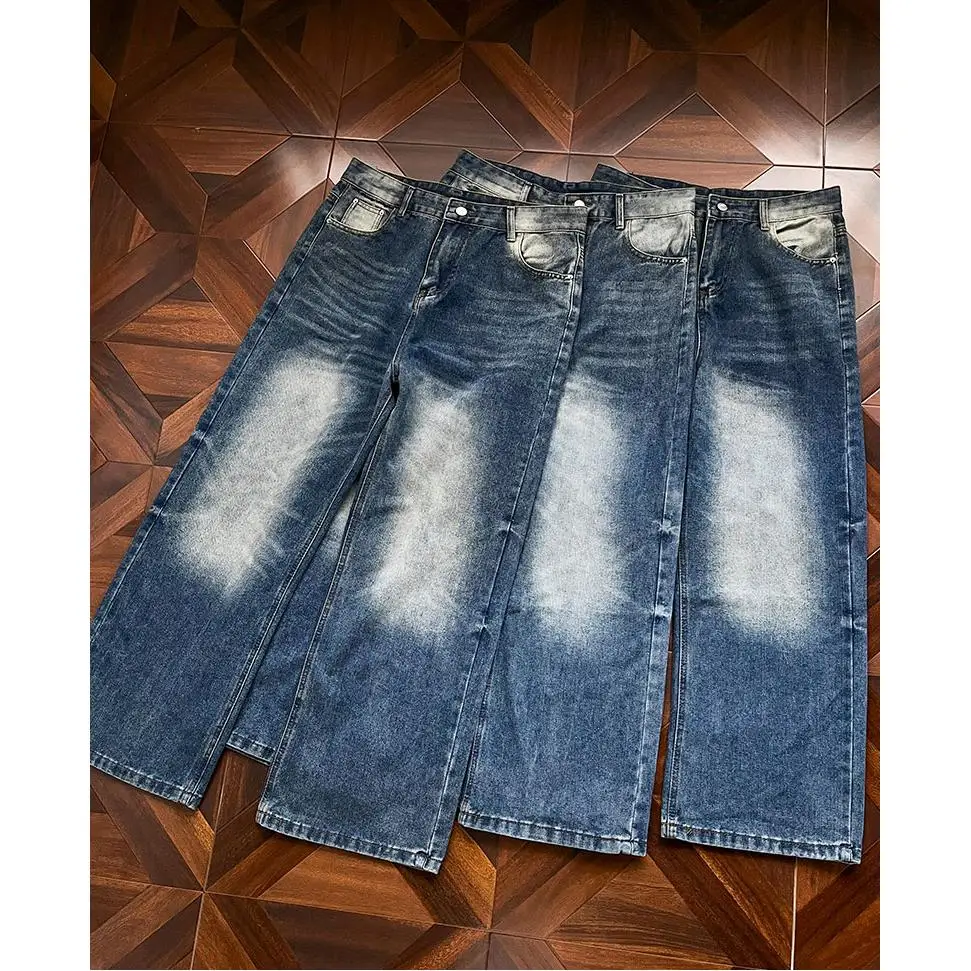 

Мужские джинсы прямого кроя в американском ретро-стиле, свободные повседневные брюки со средней посадкой, смесь полиэстера и хлопка, на все сезоны