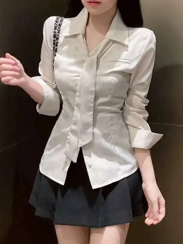 Autumn/Winter Korean Version New Lapel Lace Up Single Breasted Long Sleeve Cinching Waist Slim Casual Striped Shirt 4OR5