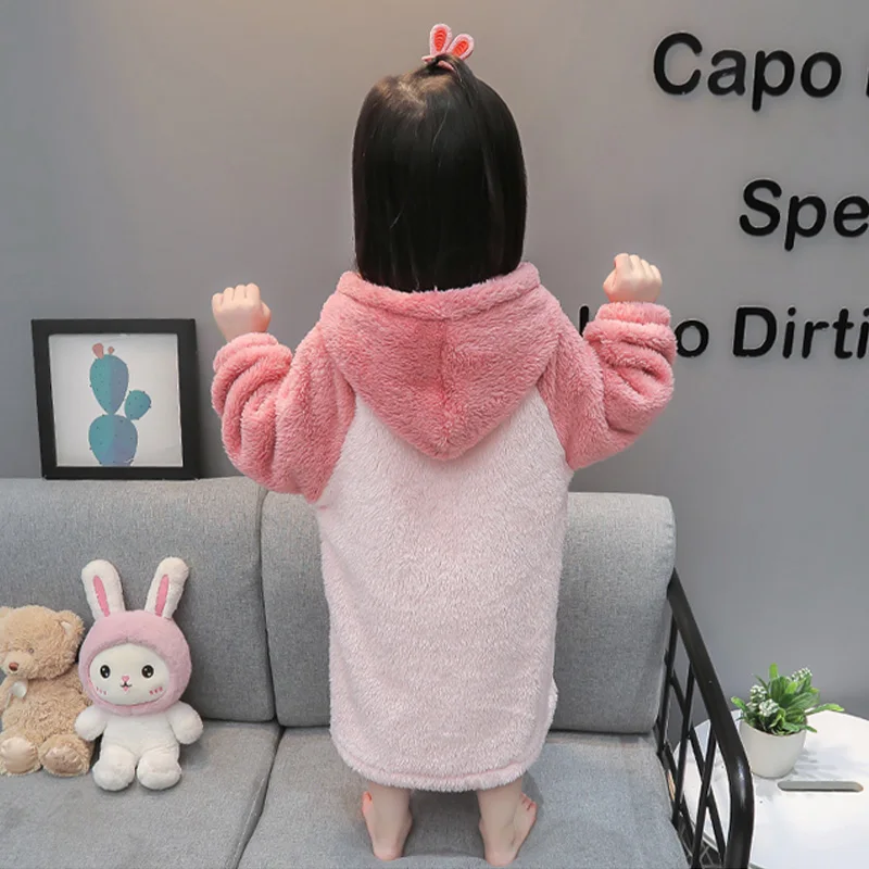 Kids Hooded Bathrobe Fluffy Fleece Toddler Sleepwear Winter Cute Warm Soft Children Loungewear Nightgown for Girls 3-12Years Old