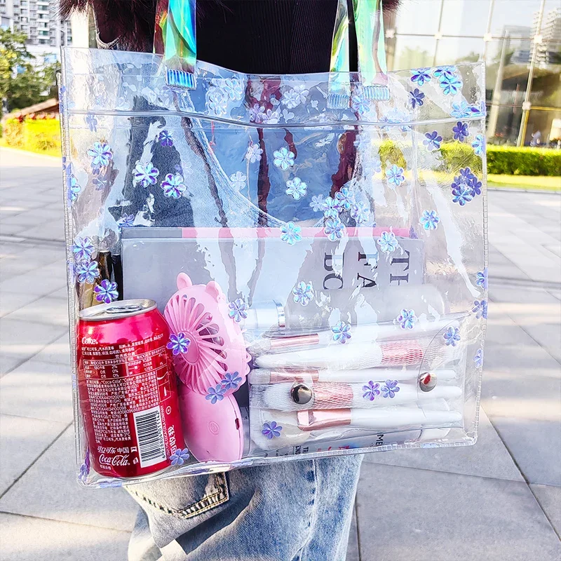 Clear Transparent Tote Bag For Student PVC Bead Large Capacity With Handles Portable Clear Tote Bags For Girls Shopping Handbags