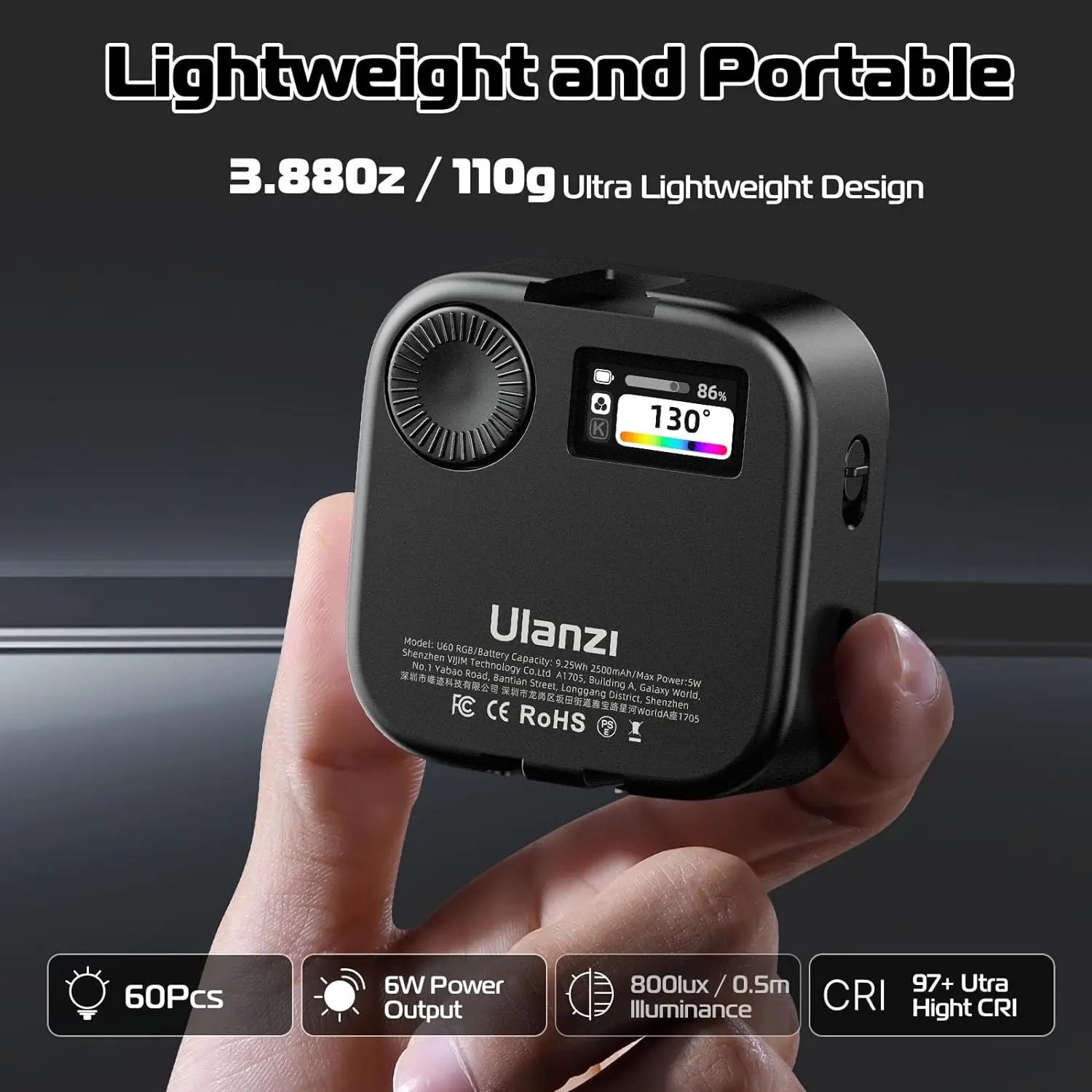 Ulanzi-Mini Pocket LED Video Lamp com Tela, U60, Recarregável, 9000K, Cold Shoe Mount, Painel RGB, Fotografia Luz, PK VL49 RGB
