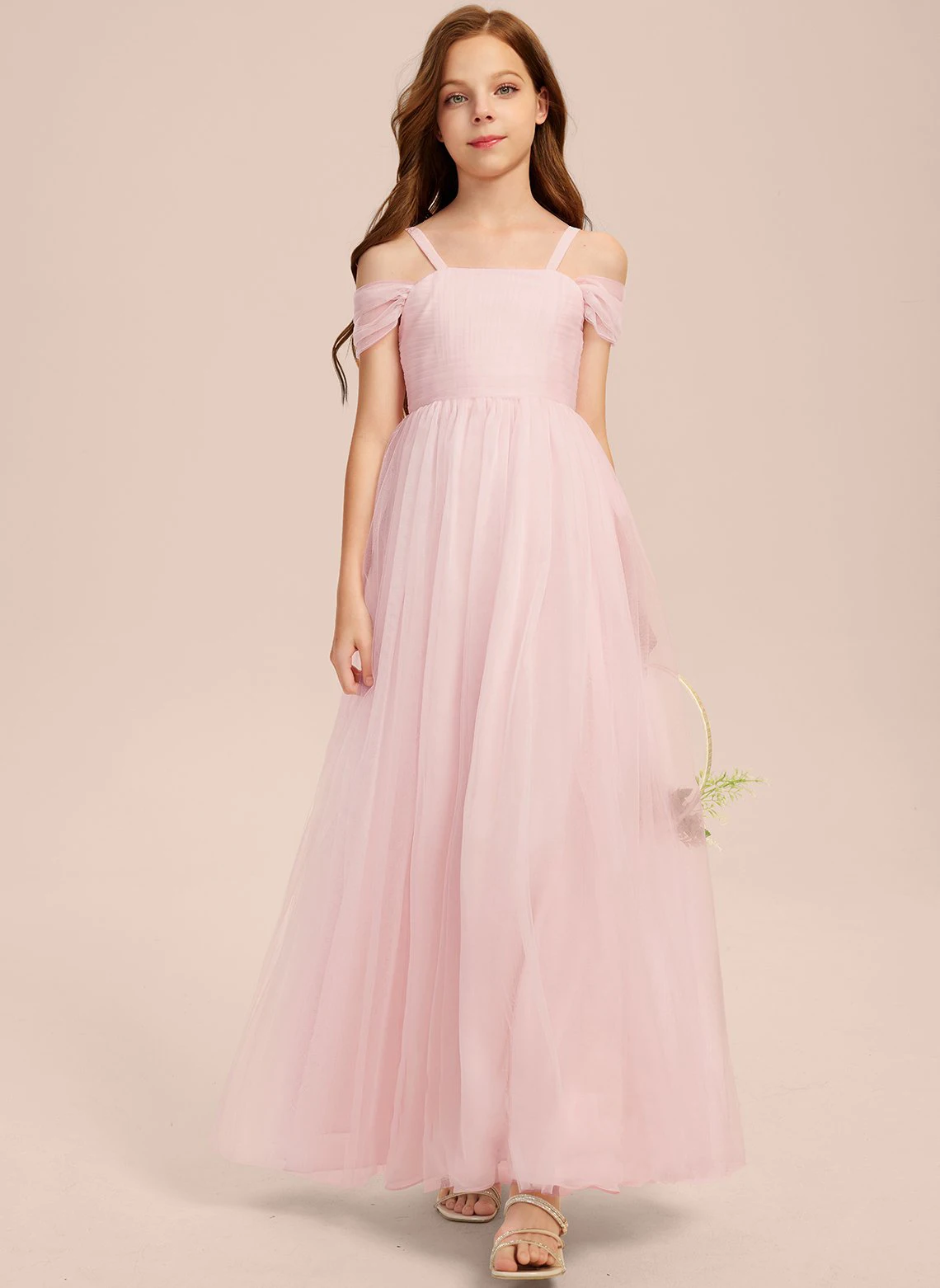 

YZYmanualroom A-line Cold Shoulder Floor-Length Tulle Junior Bridesmaid Dress/ Custom Made