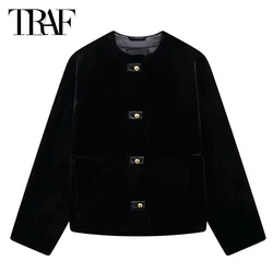 TRAF Women's Jacket Black Faux Fur Coat Women 2024 Outerwears Autumn Winter Coats Crop Long Sleeve Fluffy Coat Outdoor Jackets